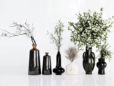 Various Shapes Black White Ceramic Vases With White Flowers Green Foliage And Dried Plants 3d model