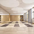 Spacious Yoga Fitness Studio With Wooden Floor Blue Curtains Circular Ceiling Decor Mirrors And Yoga Mats
