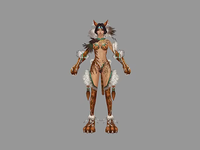 Fantasy Game Character With Fox Ears Feather Decorations And Fur Warrior Outfit 3d model