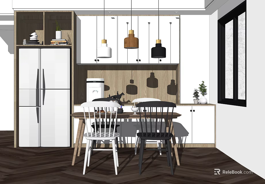 Modern Dining Table Set With Mixed Color Chairs Pendant Lights And Cabinets 3d model