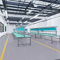 Industrial Equipment Workbenches with Metal Frames Green Countertops and Blue Panels in Factory Workshop