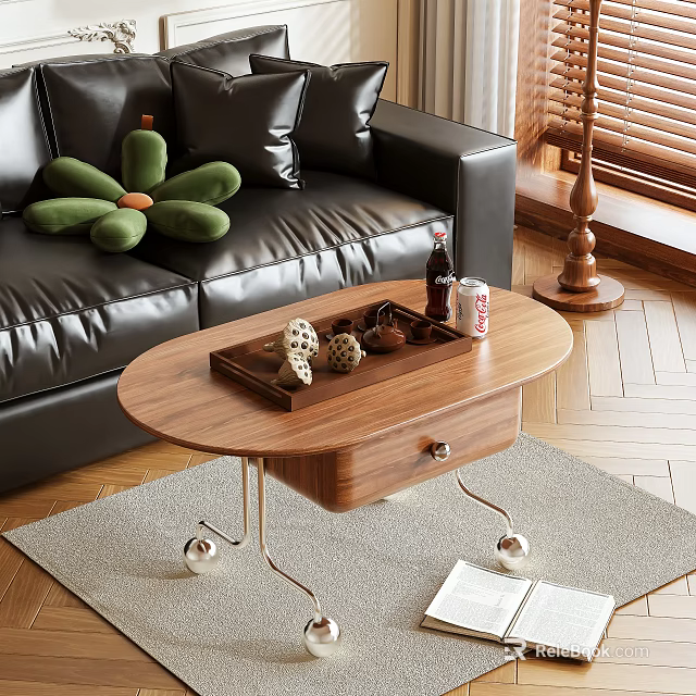 Oval Walnut Coffee Table with Metal Spherical Legs Tray and Decor Items on Gray Rug 3d model 