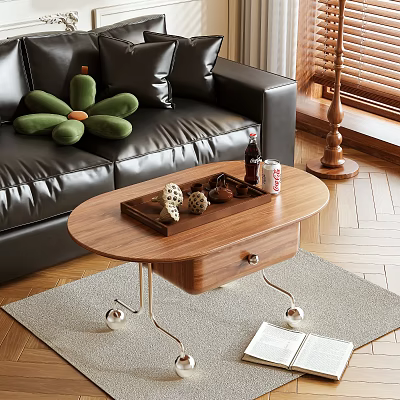 Oval Walnut Coffee Table with Metal Spherical Legs Tray and Decor Items on Gray Rug 3d model