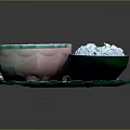 Carved Ceramic Bowl Sculpture With Liquid And White Powder On Plate