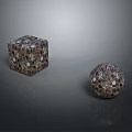Wood And Stone Decorative Cube And Sphere Pieces With Textured Surfaces