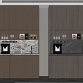 Modern Sideboard Double Cabinets With Open Shelves Wine Glasses Coffee Machine Marble Backdrop Wooden Tones