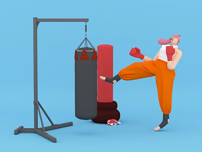 Cartoon Character Kicking Punching Bag In Orange Pants And White Top With Red Boxing Gloves 3d model