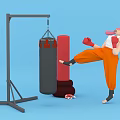 Cartoon Character Kicking Punching Bag In Orange Pants And White Top With Red Boxing Gloves