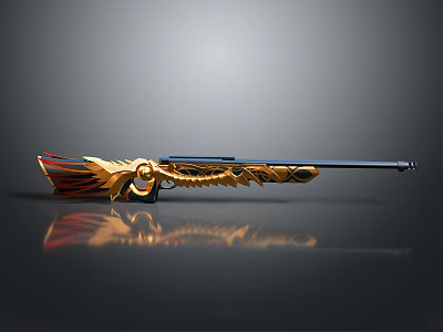 Ornate Luxury Decorated Rifle With Golden Carvings And Red Accent Details 3d model