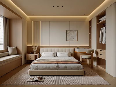 Modern Minimalist Bedroom Interior With Wooden Bed Headboard Window Bench And Built In Wardrobe 3d model