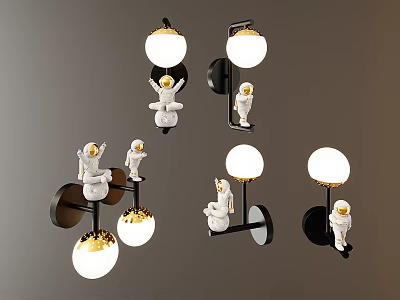 Astronaut Decor Wall Lamps With White Globe Shades And Black Bases 3d model