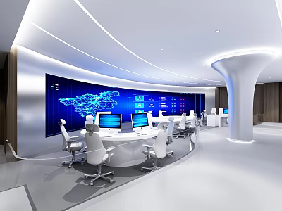High Tech Monitoring Room Interior With Large Digital Screens Computer Workstations And Ergonomic Chairs 3d model