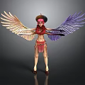Bird Standing with Outstretched Colorful Golden Purple Wings Red Top Skirt Feathered Headdress High Heels