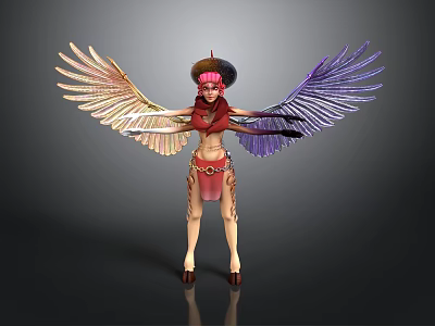 Bird Standing with Outstretched Colorful Golden Purple Wings Red Top Skirt Feathered Headdress High Heels 3d model