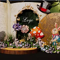 Whimsical Stage With Open Book Ornate Mirror Top Hat Mushrooms Rabbit Playing Cards And Flowers