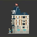 Lego Model Building With Blue Roof Beige Facade Flag Multi Story Windows Awnings Street Lamps