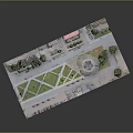 Detailed Miniature Model Scene With Green Grass Paths Dome Building Trees And Parked Cars