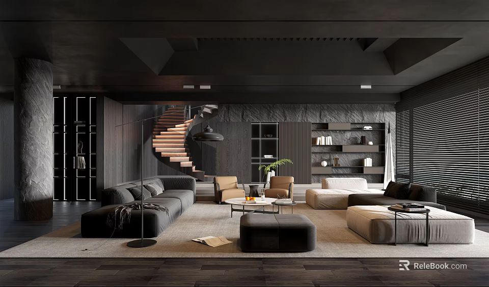 Modern Living Room Interior Design With Spiral Staircase Bookshelves Sofas Coffee Tables And Floor Lamp 3d model 