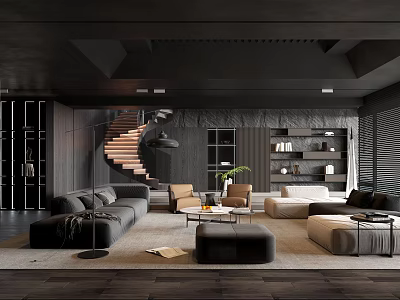 Modern Living Room Interior Design With Spiral Staircase Bookshelves Sofas Coffee Tables And Floor Lamp 3d model