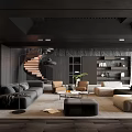 Modern Living Room Interior Design With Spiral Staircase Bookshelves Sofas Coffee Tables And Floor Lamp