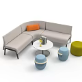 L Shaped Light Gray Sofa Orange Cushion Round White Coffee Table Blue Yellow Stools Set 3d model