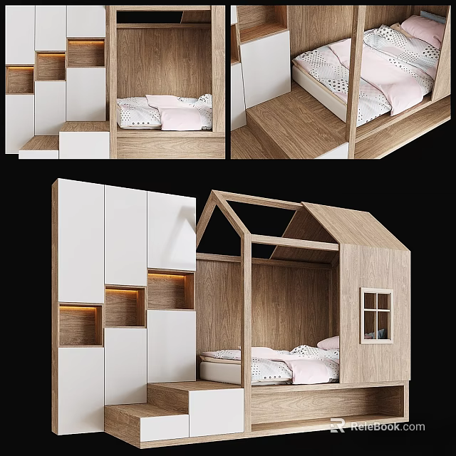 House Shaped Wooden Children's Bed With White Storage And Pink Bedding 3d model 