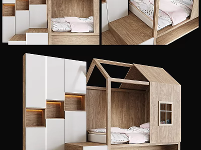 House Shaped Wooden Children's Bed With White Storage And Pink Bedding 3d model