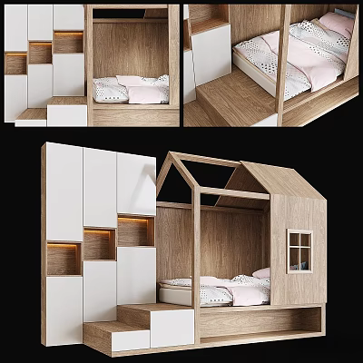 House Shaped Wooden Children's Bed With White Storage And Pink Bedding 3d model