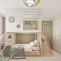 Playful Kids Room Interior With Bunk Bed Slide Climbing Net Green Wall And White Cabinets
