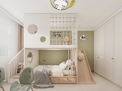 Playful Kids Room Interior With Bunk Bed Slide Climbing Net Green Wall And White Cabinets 3d model