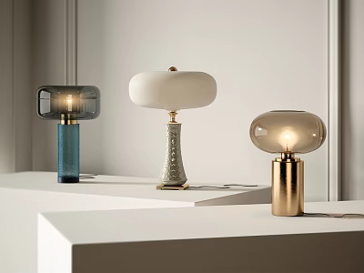 Three Modern Table Lamps With Different Shapes And Materials On White Surface For Home Decor 3d model