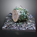 Natural Tree Stump Decor With Ivy Leaves Fallen Twigs And Wood Texture