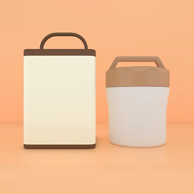 Two Cups Featuring Rectangular And Cylindrical Shapes With Brown Lids Handles On Orange Background 3d model