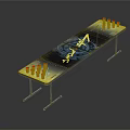 Long Table With Blue Tabletop Design And Red Cups On Metal Legs