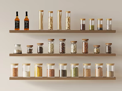 Organized Kitchen Wooden Shelves With Various Spice Jars And Seasonings 3d model