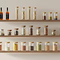 Organized Kitchen Wooden Shelves With Various Spice Jars And Seasonings