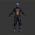 Futuristic Tech Inspired Game Movie Character In Black Outfit With Blue Helmet And Neon Accents