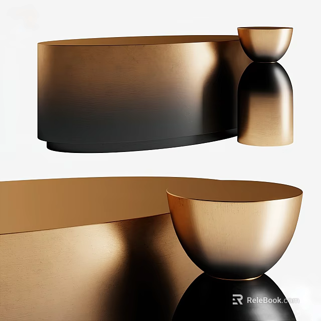 Elegant Modern Round Dining Table With Golden Metallic Surface And Decorative Bowls 3d model 