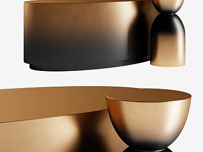 Elegant Modern Round Dining Table With Golden Metallic Surface And Decorative Bowls 3d model