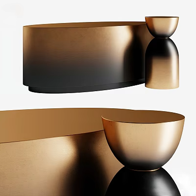 Elegant Modern Round Dining Table With Golden Metallic Surface And Decorative Bowls 3d model
