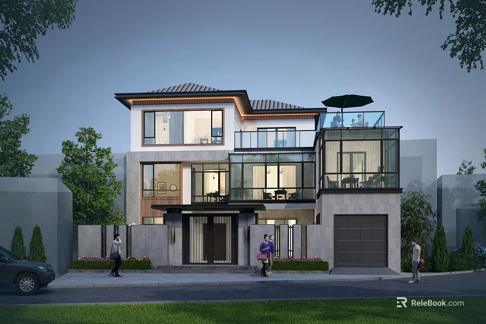 Modern Two Story Detached Villa With Large Glass Windows Balcony Garage And Green Yard 3d model 
