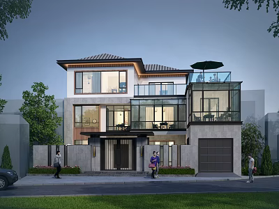 Modern Two Story Detached Villa With Large Glass Windows Balcony Garage And Green Yard 3d model
