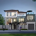 Modern Two Story Detached Villa With Large Glass Windows Balcony Garage And Green Yard