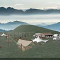Garden Landscape Featuring Distant Mountains Lush Grassland Camping Tents Vehicles Outdoor Tables and String Lights