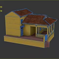 Traditional Yellow Building With Red Roof And Ornate Wooden Porch Structure