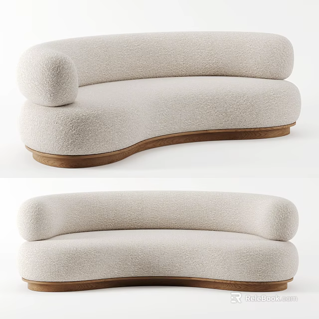 Modern Curved Sectional Sofa In Beige Bouclé Fabric With Wooden Base For Multiple People 3d model 