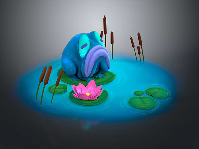 Blue Frog in Pond with Pink Lotus Flower Lily Pads and Cattails 3d model