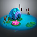 Blue Frog in Pond with Pink Lotus Flower Lily Pads and Cattails