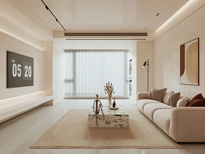 Modern White Living Room Interior With Beige Sofa Marble Coffee Table TV And Blinds 3d model