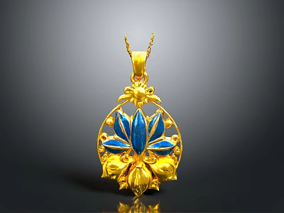 Elegant Gold Pendant With Blue Lotus Flower And Decorative Golden Frame 3d model